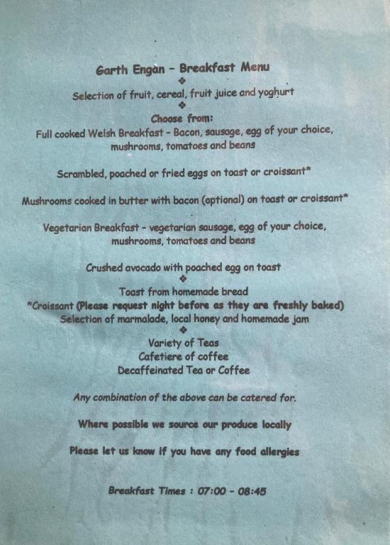 a letter from a restaurant with handwriting on it at Garth Engan Private Self Contained B&B with Garden Area in Llanbedr