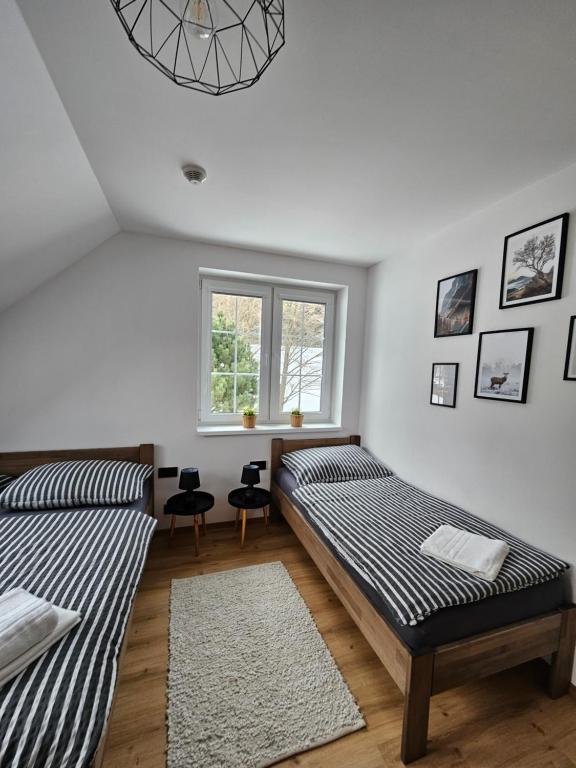 een slaapkamer met 2 bedden en een raam bij Horský apartmán MIKI in Filipovice