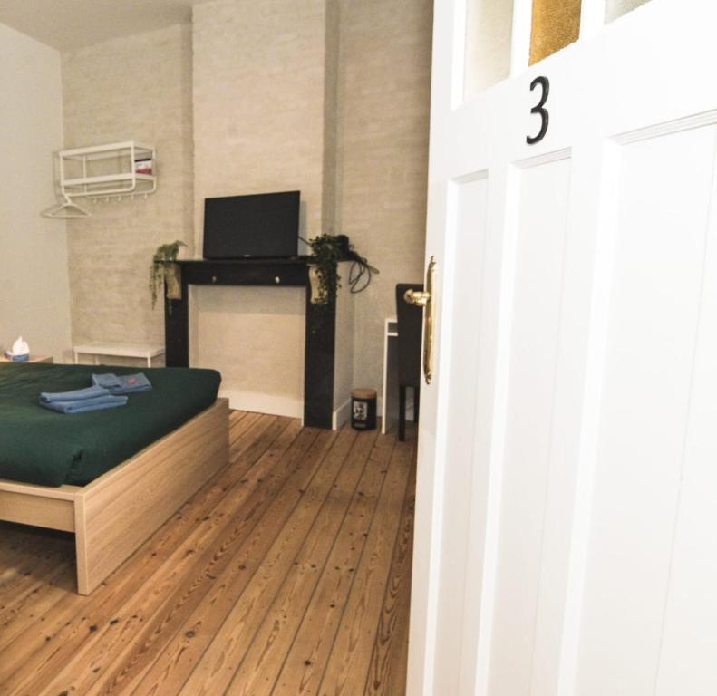Cette chambre comprend un lit et une télévision. dans l'établissement Cozy and confortable room near Brussels Central Station, à Bruxelles