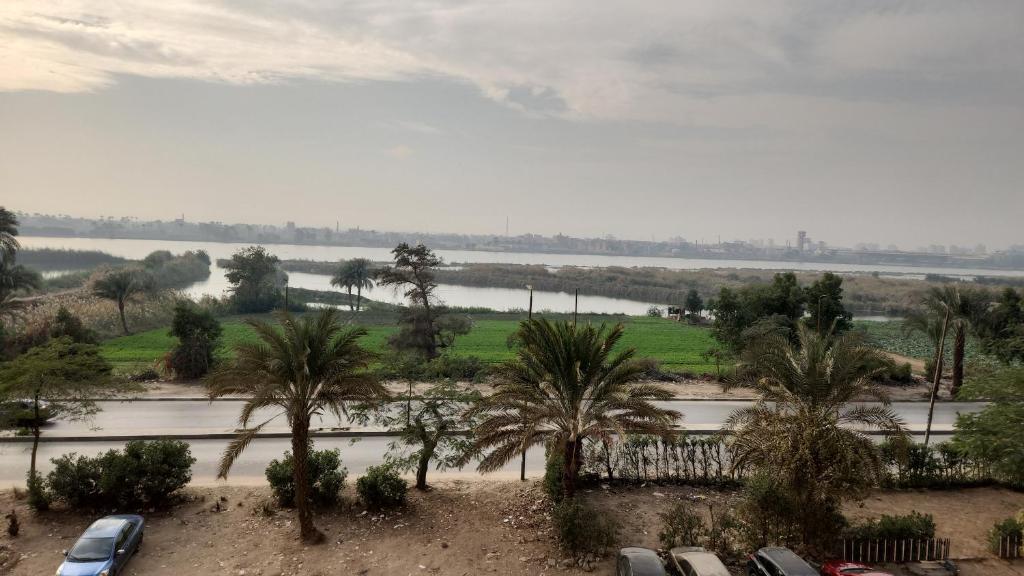 a view of a river with parked cars and palm trees at القاهره ركن حلوان شارع الشهيد in ‘Ezbet el-Auqât