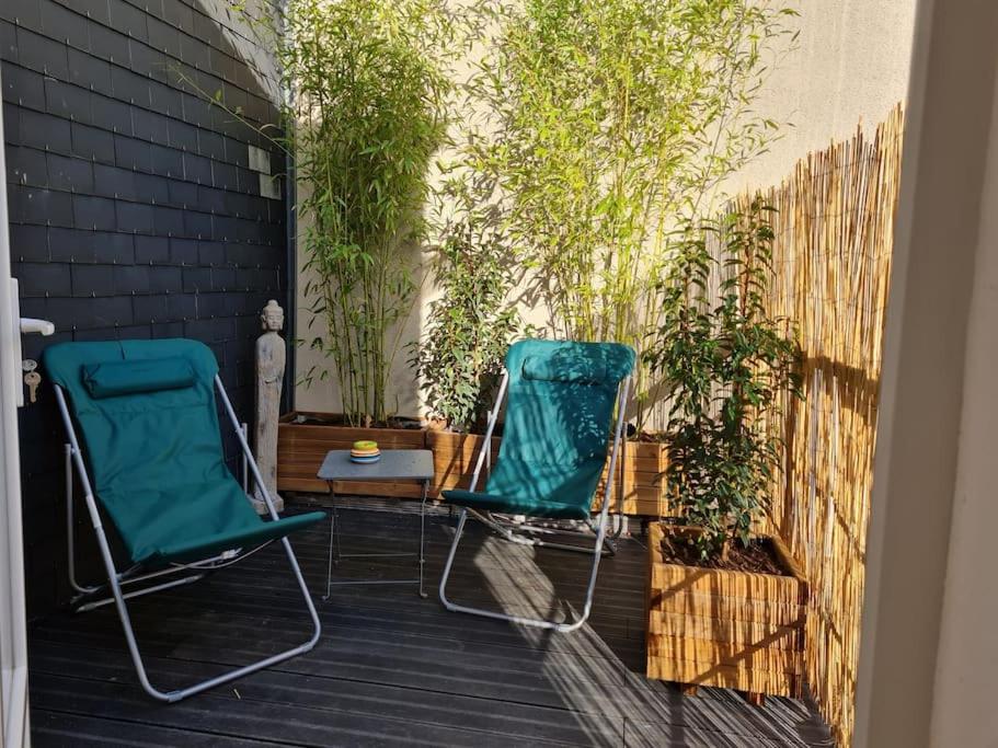 twee stoelen op een patio met planten bij Bel appartement 3 suites privatives hyper centre in Tourcoing
