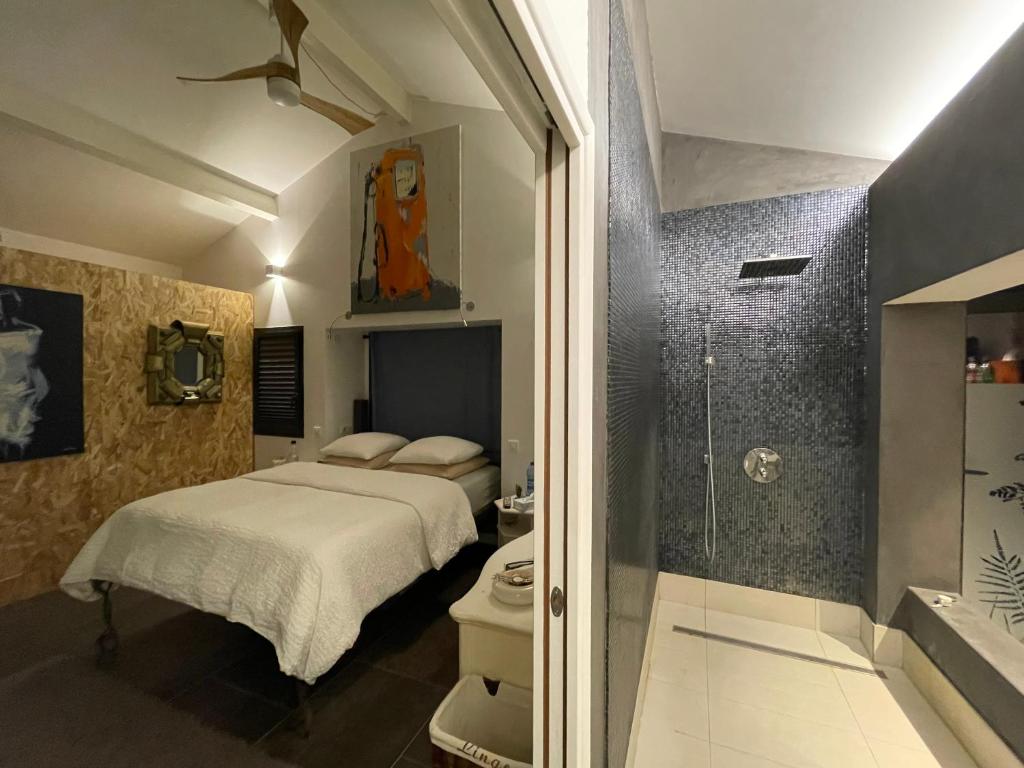 um quarto com uma cama e uma casa de banho com um chuveiro em Villa Victorine em Nogent-sur-Marne