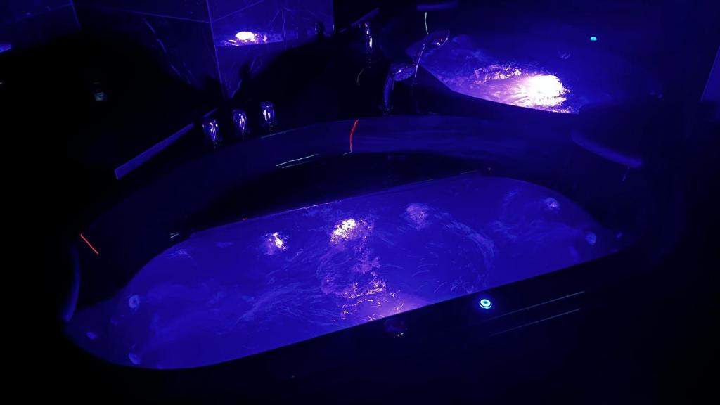 a dark room with a tub with purple lights at BDSM Red Room Apartment in Łódź