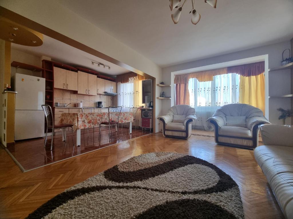 a living room with a couch and chairs and a kitchen at Nice & Relaxing Central Apartment in Baia Mare