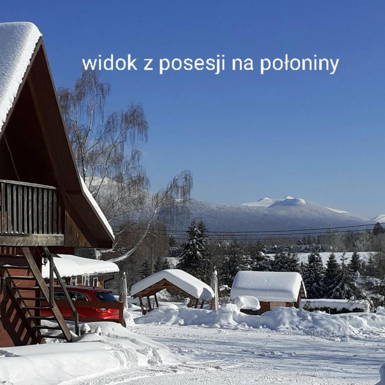 a house covered in snow with a mountain in the background at Agroturystyka U BOŻENY in Przysłup