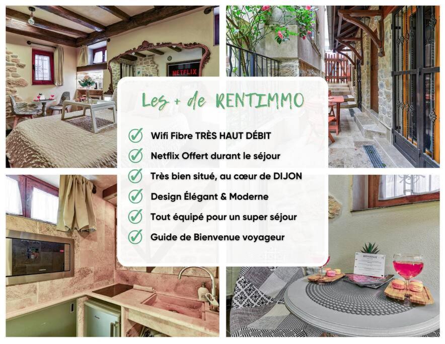 un collage de fotos de un restaurante con un cartel en LE ROMANTIQUE - Terrace & Jardin - HyperCentre - RENT IMMO, en Dijon