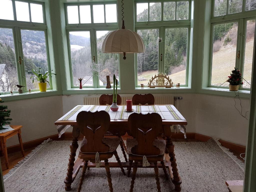 a dining room with a table and chairs and windows at Villa Waldheimat in Unter Adlitzgraben