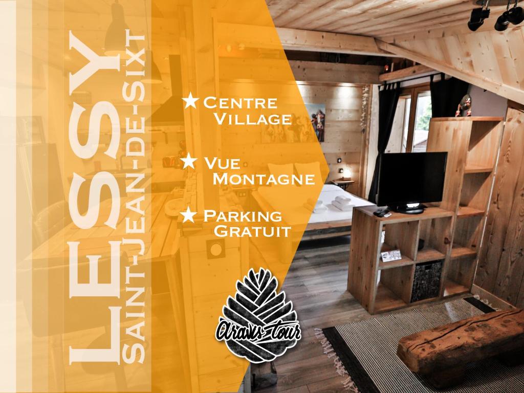 a yellow surfboard is standing in a room at Studio Lessy - Centre village - AravisTour in Saint-Jean-de-Sixt