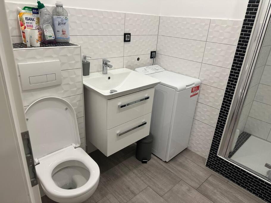 Baño pequeño con aseo y lavamanos en Ferienwohnung, en Wilhermsdorf