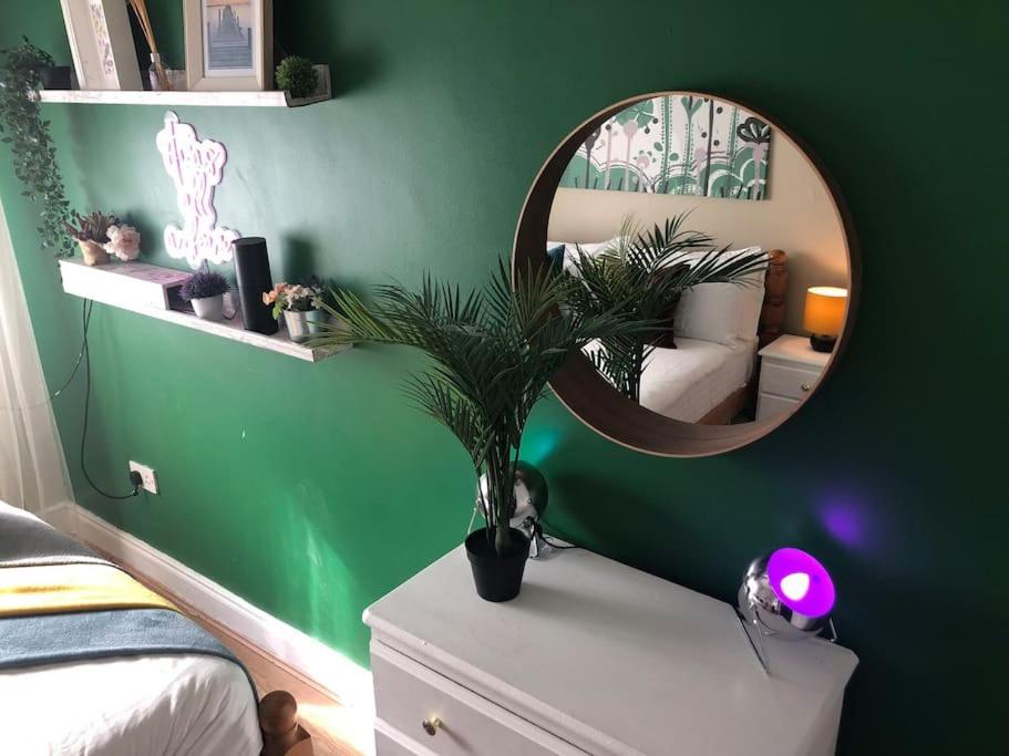 a bedroom with a mirror on a green wall at Charming Pheonix Parkside Flat in Dublin