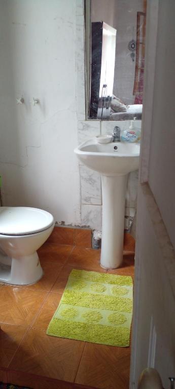 a bathroom with a sink and a toilet and a mirror at Hostal María Luisa Bombal in Viña del Mar