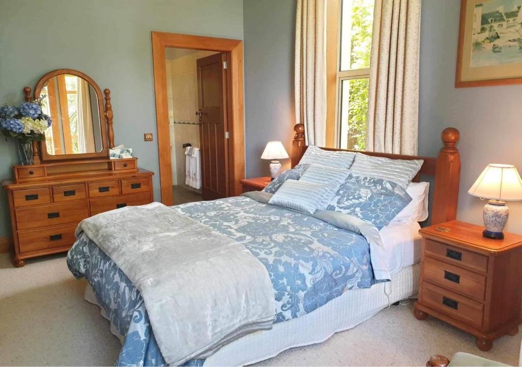 een slaapkamer met een bed, een dressoir en een spiegel bij Belvedere Bed & Breakfast in Winton