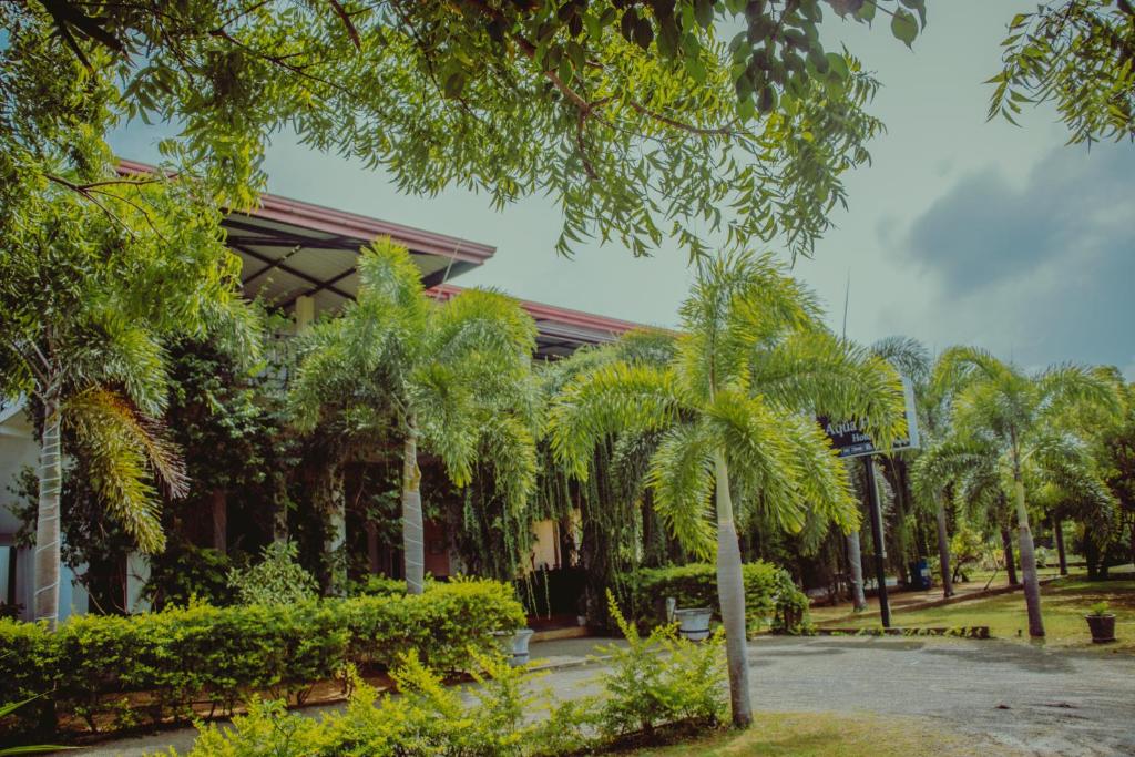 een gebouw met palmbomen ervoor bij Aqua Hotel Yala in Yala