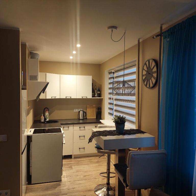 a kitchen with white cabinets and a table with chairs at Trinitix apartment in Tapa