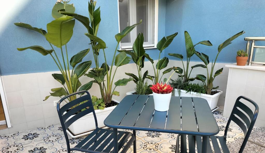 巴列塔的住宿－San Sebastiano，一张带两把椅子和植物的蓝色桌子