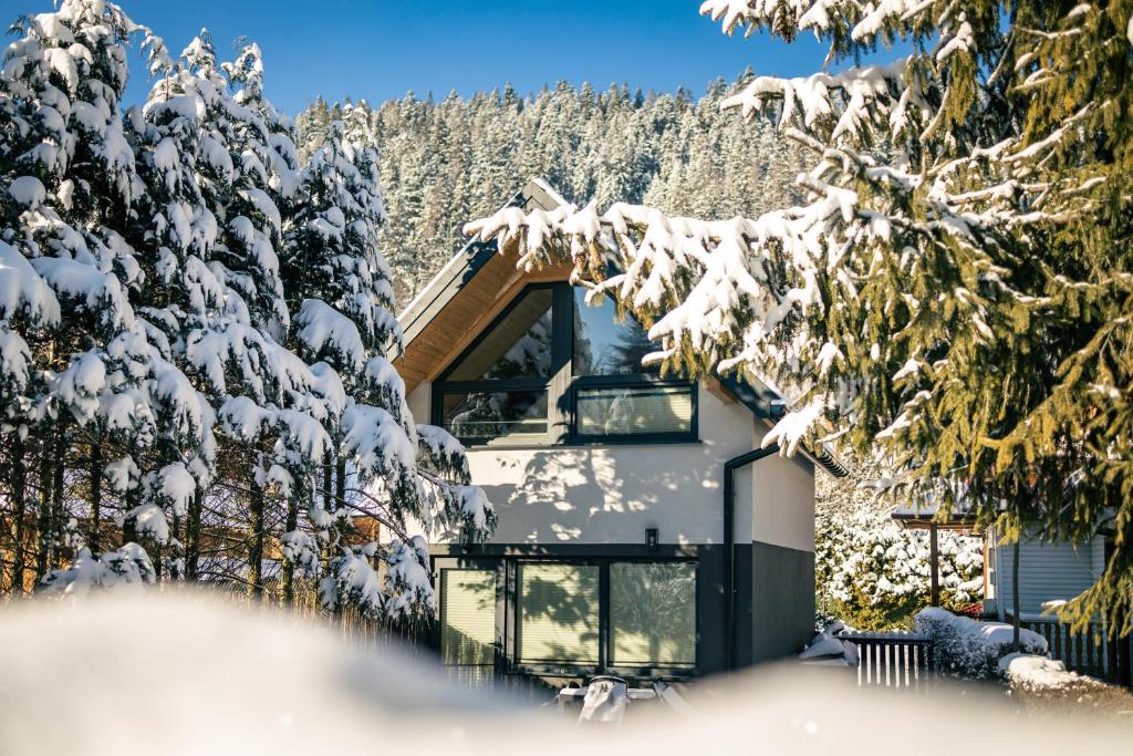 a house covered in snow with trees at Domek Tatary Odkryj Zakopane in Zakopane