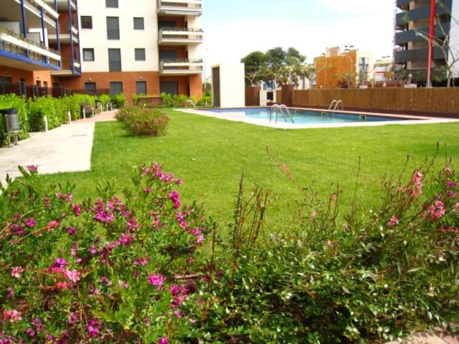 un patio con piscina y algunas flores en Team019 Cambrils Blau Residencial España, en Cambrils