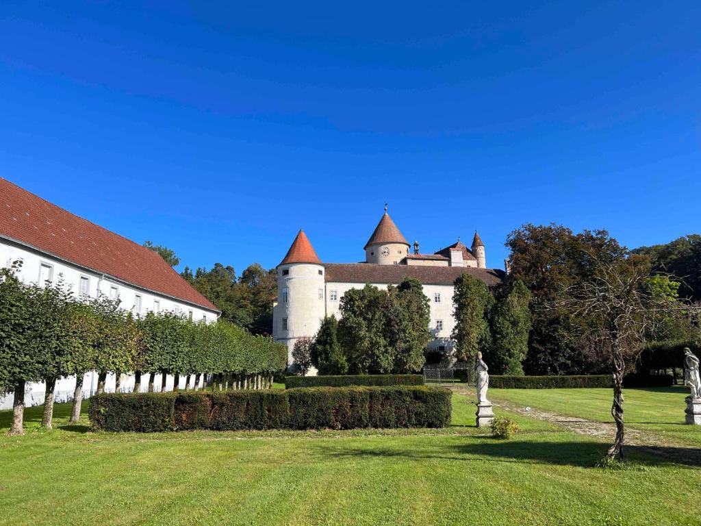 Schwertberg的住宿－Charming Castle in Austria，绿色田野中间的城堡