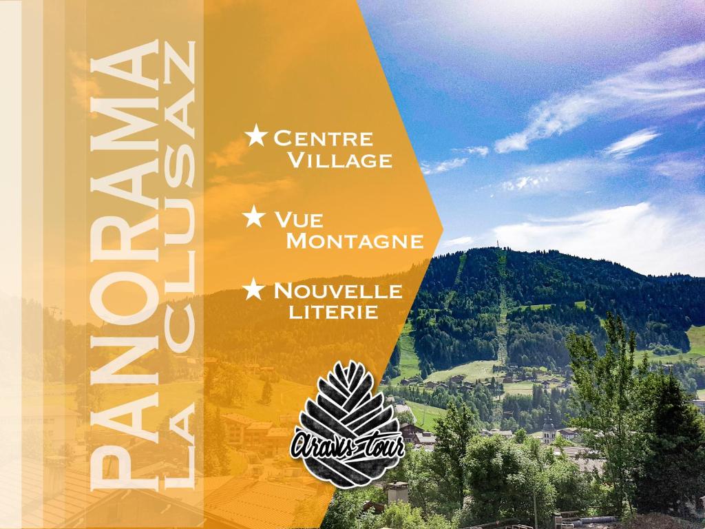 a sign for aventure village and a mountain at Studio Panorama - Vue montagne et village, Centre la Clusaz - AravisTour in La Clusaz
