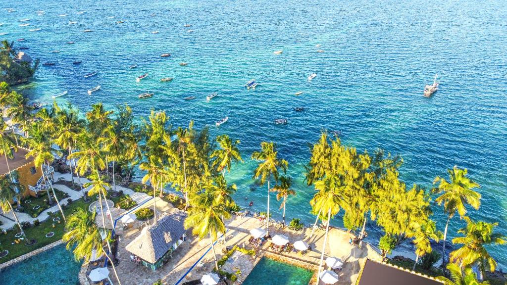una vista aerea di una spiaggia con palme e l'oceano di Zanzibar Bay Resort & Spa a Uroa