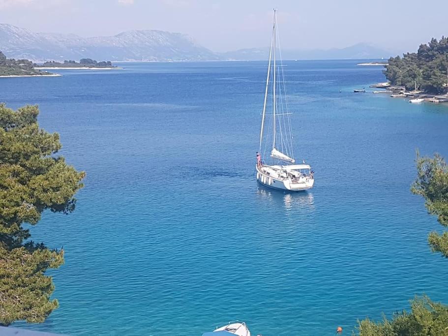 a boat in the middle of a large body of water at LOFT direkt am Meer mit grosser Terrasse in Lumbarda