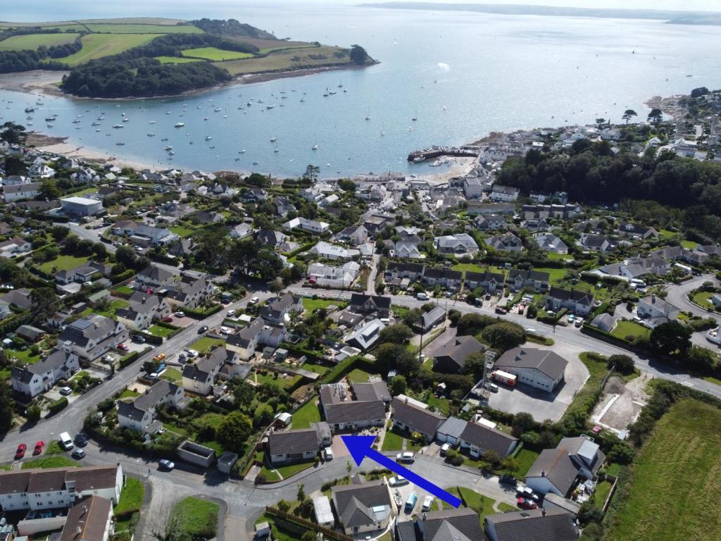 an aerial view of a town next to a body of water at Willow in Saint Mawes