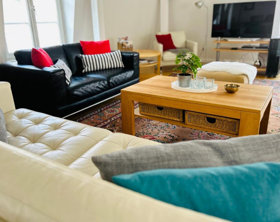 ein Wohnzimmer mit Sofas und einem Couchtisch in der Unterkunft Best Location - Luxury Loft Riverview in Heidelberg