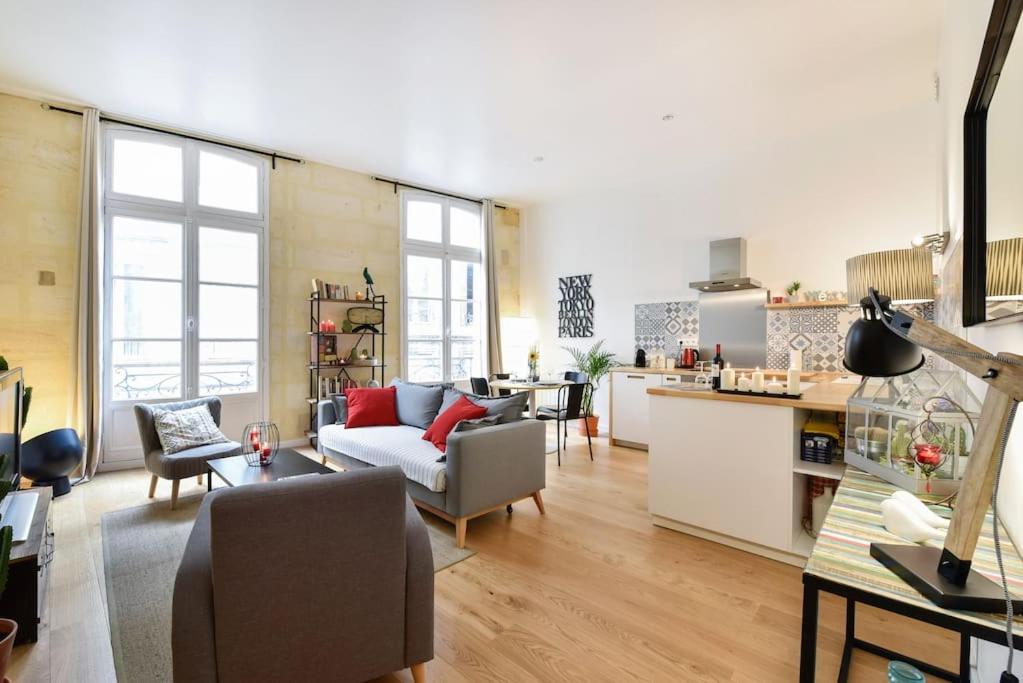 un salon avec un canapé et une cuisine dans l'établissement Grand 2 pièces entre vieux Bordeaux et quais !, à Bordeaux