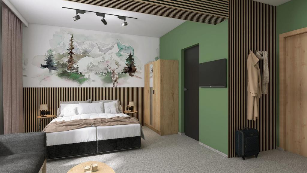 1 dormitorio con 1 cama y una pintura en la pared en Hotel Etropol, Center Etropole, en Etropole