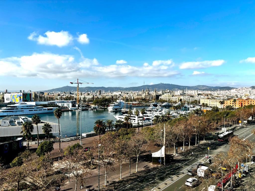 a view of a harbor with boats in a city at Barceloneta Ramblas Apartments in Barcelona