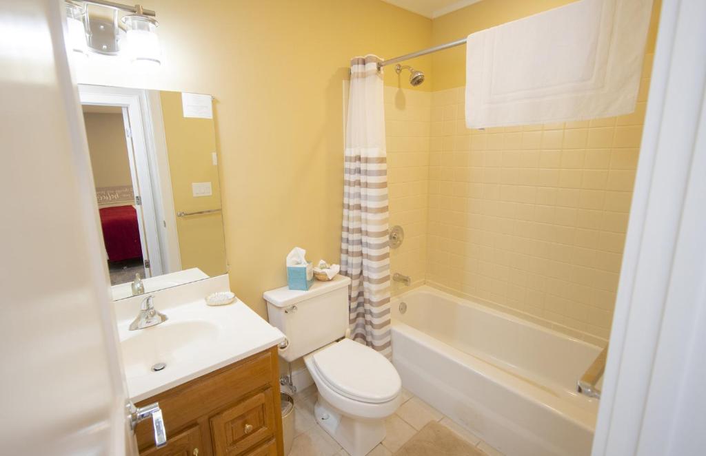 a bathroom with a toilet and a sink and a tub at Okemo Mountain Lodging in Ludlow