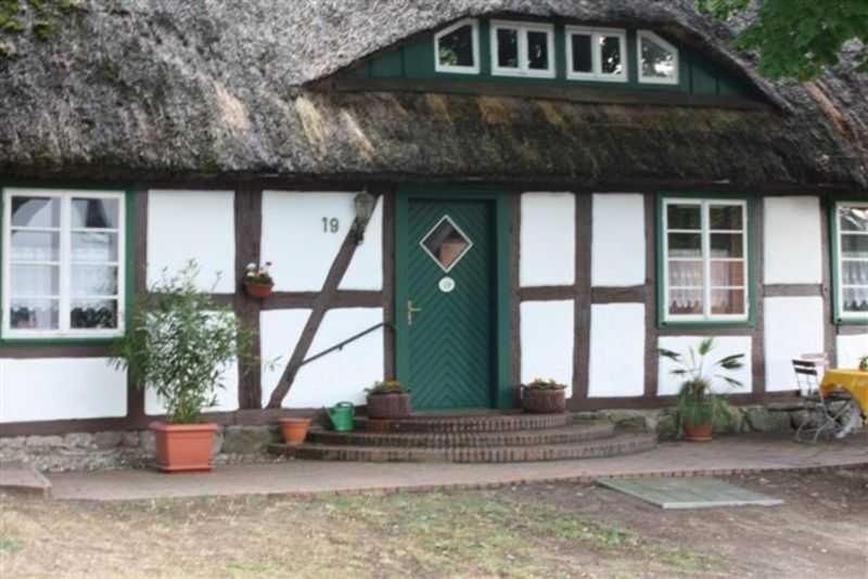 una casa con techo de paja y puerta verde en Landhaus Damerow 2, en Federow