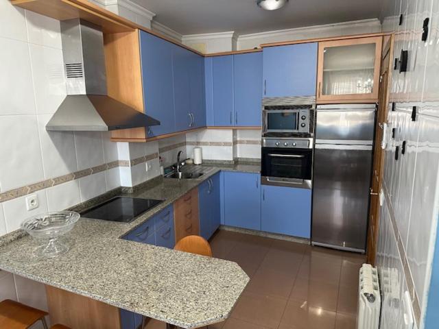 una cocina con armarios azules y electrodomésticos de acero inoxidable en apartamento Marina en Ribeira