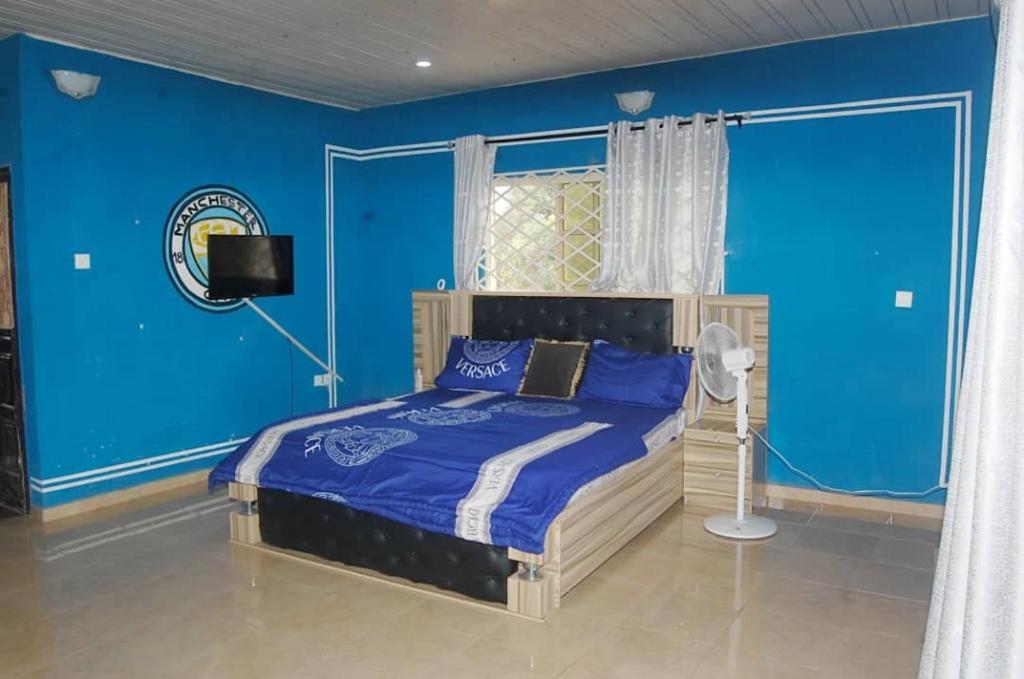 een blauwe slaapkamer met een bed met blauwe muren bij Asoro Apartments in Benin City