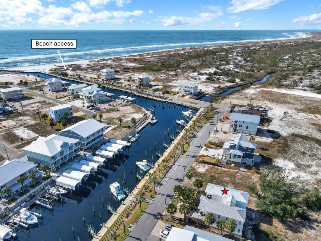 an aerial view of the marina at the beach at Simply Adventurous in Mexico Beach
