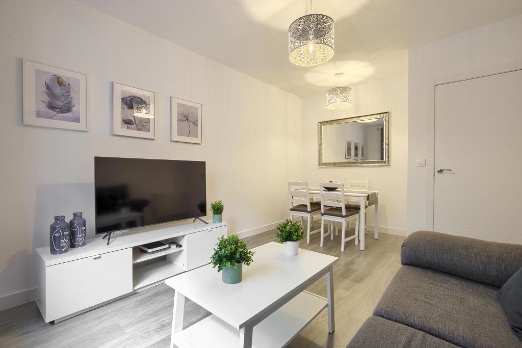 uma sala de estar com um sofá, uma televisão e uma mesa em Apartamento San Isidro - Elegante y centrico apt. p/5 con Wifi y AC em Alcalá de Henares