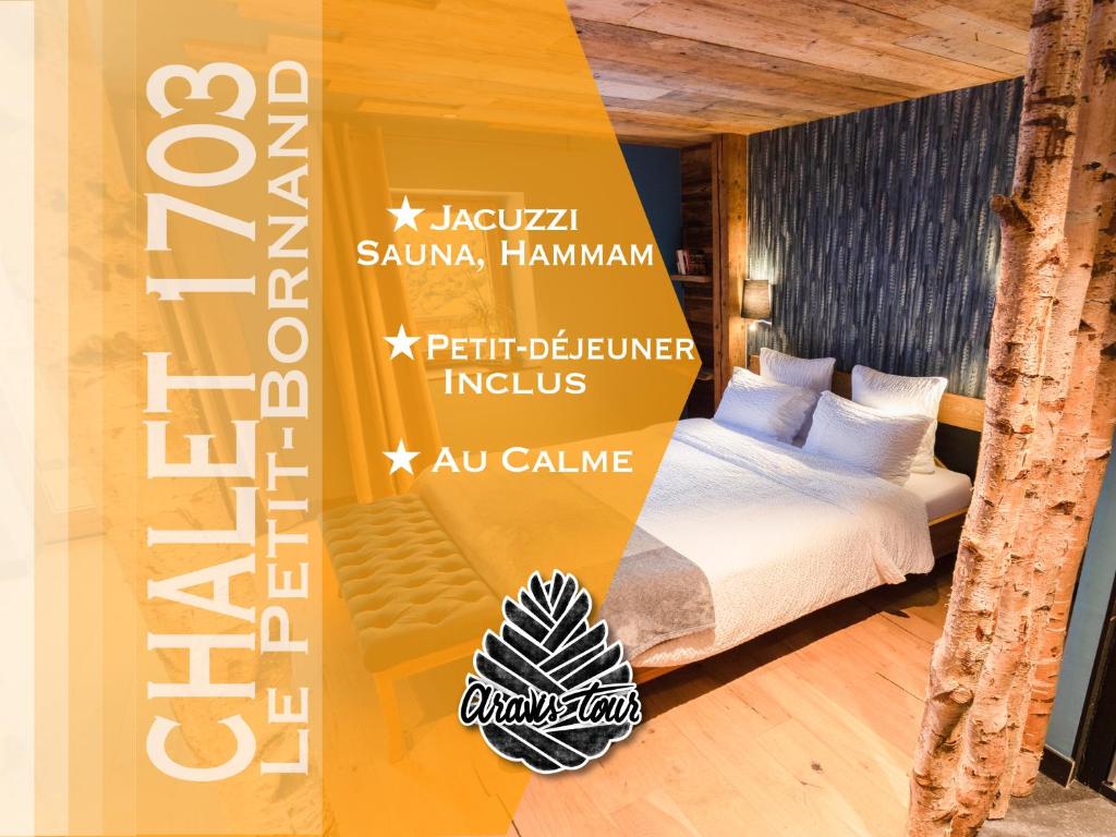 ein Schild für ein Hotelzimmer mit einem Bett in der Unterkunft Chalet 1703 - Open Living Hotel & Spa in Le Petit-Bornand-lès-Glières