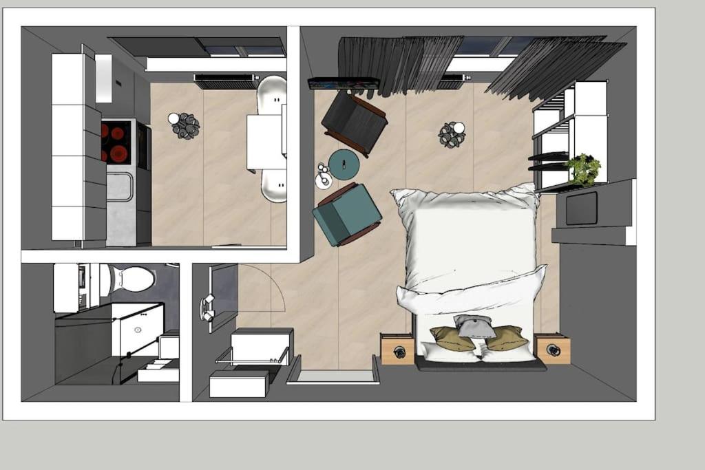 a drawing of a bedroom with a bed in a room at City Apartment Rudolf 26m2 in Graz