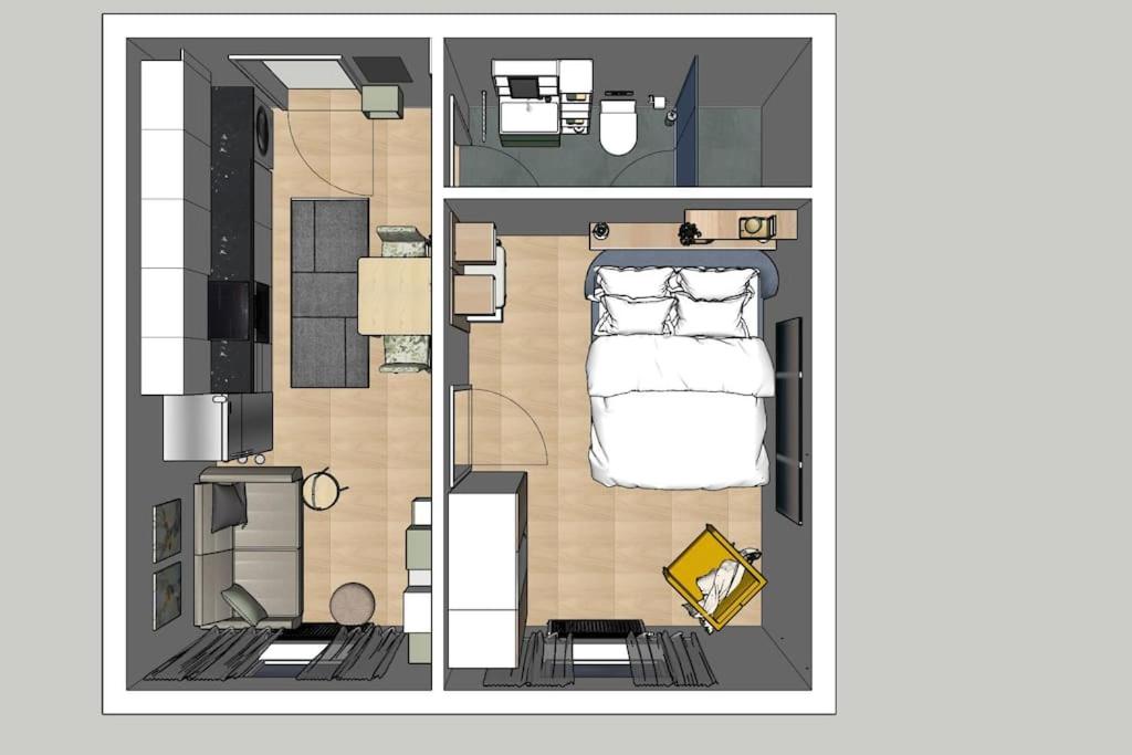 uma planta do piso de um quarto com uma cama em Studio Angelina im 3 OG 30 m² em Graz