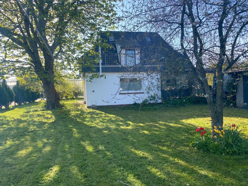 a house in a yard with trees and flowers at Meerzeit in Schülp