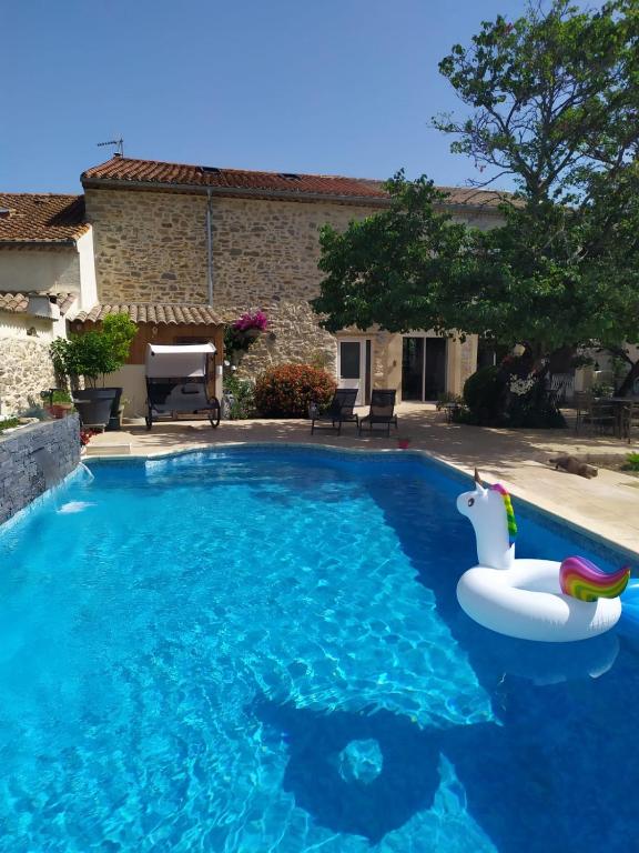 - une piscine avec des nouilles gonflables en face d'une maison dans l'établissement Loft au bord du Canal du Midi, à Roubia