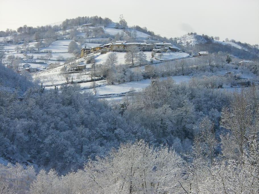 uma colina coberta de neve com árvores e um comboio sobre ela em Apartamento Rural La Aldea Perdida .VV 1434-AS em Pola de Laviana