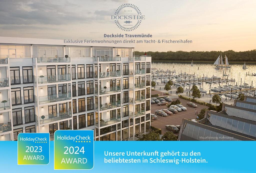 eine Ausstellung eines Apartmentgebäudes mit einem Yachthafen in der Unterkunft Dockside Travemünde in Travemünde