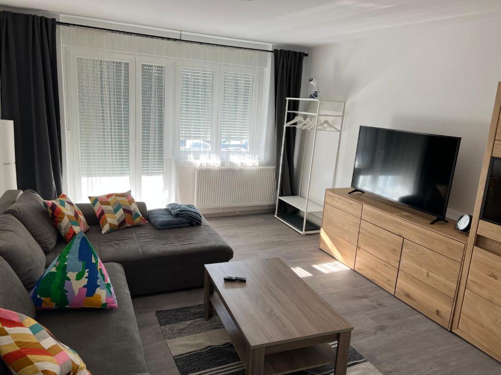 Apartman MOZART في سلافونسكي برود: غرفة معيشة مع أريكة وتلفزيون بشاشة مسطحة