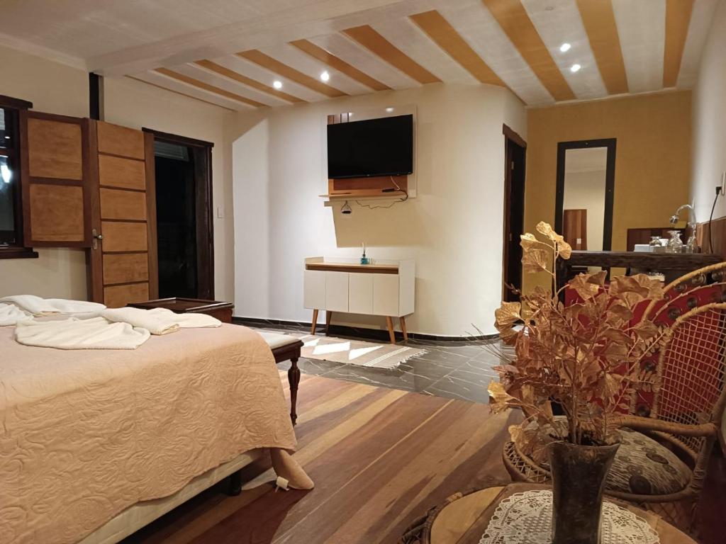 a living room with a bed and a television at Pousada Mirante da Lua in Lavras Novas