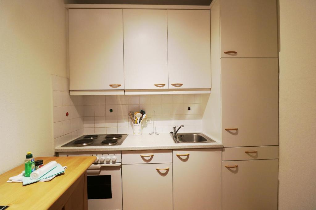 a kitchen with white cabinets and a sink at Apartment "Schlupfwinkel" im Haus Feldbergblick, Lenzkirch, Innenpool, Sauna in Lenzkirch