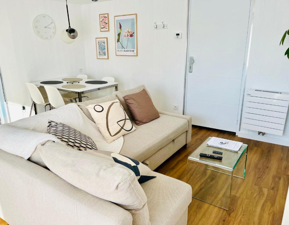 - un salon avec un canapé et une table dans l'établissement Joli T2 3* 40 m2 avec parking et terrasse, à Aix-les-Bains