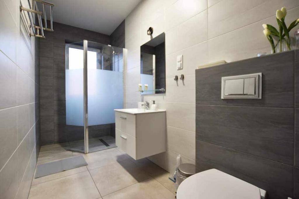 uma casa de banho com um WC, um lavatório e um chuveiro em Apartamenty na Zaciszu em Kąty Rybackie