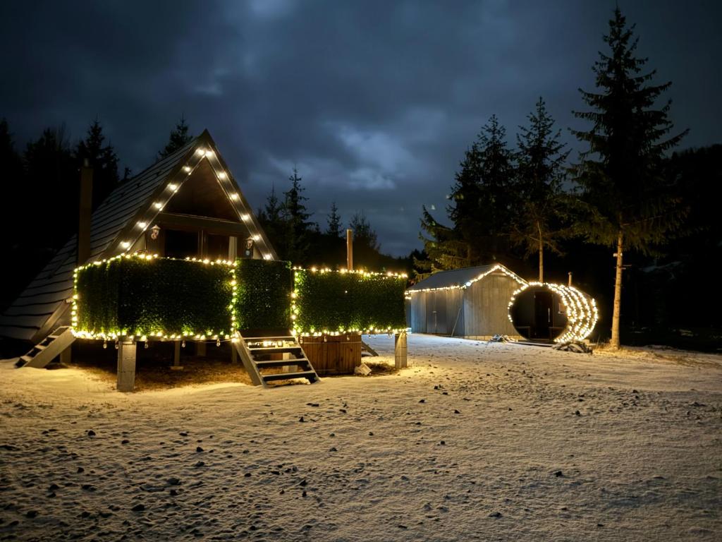 a house with christmas lights on it in the snow at SouL EsCaPe in Bălan