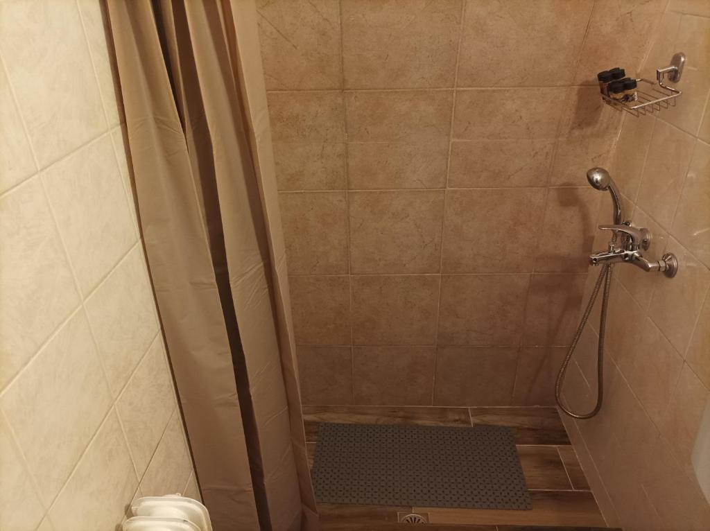 y baño con ducha y esterilla. en Ο ΘΟΛΟΣ en Stemnitsa